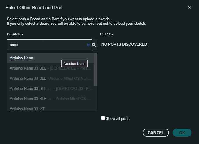 Select board and port popup window